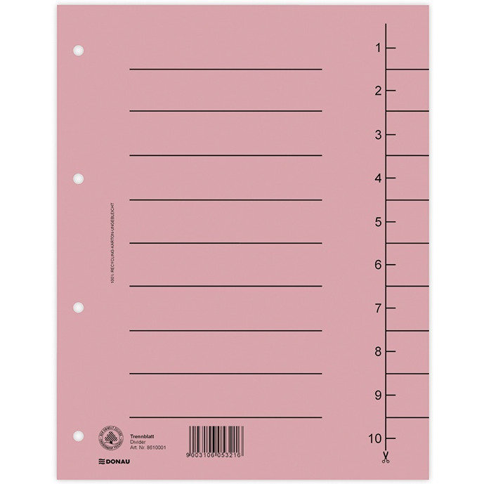Donau Przekładka karton, A4, 235x300mm, 1-10, 1 karta, jasnoróżowa 8610001-16