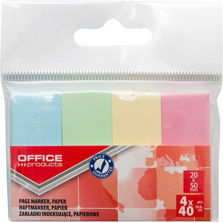 Office products Zakładki indeksujące papier, 20x50mm, 4x40 kart., zawieszka, mix kolorów pastel 14215124-99