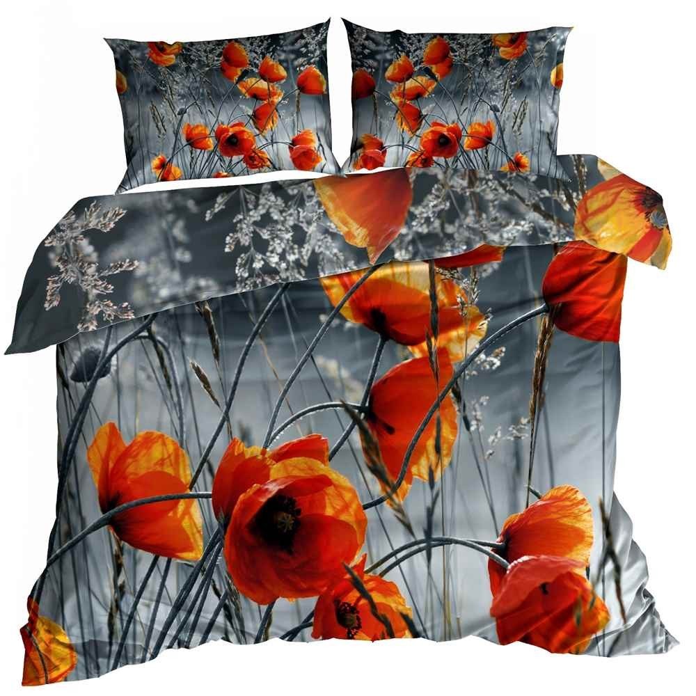 Pościel 3D Bawełna Satyna 200X220Cm Pomarańczowe Maki