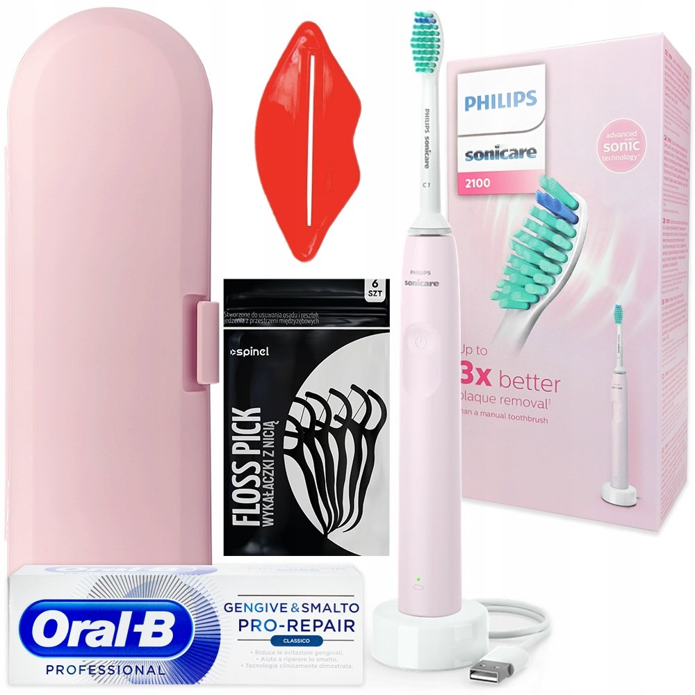 Szczoteczka Philips HX3651/11 różowa + etui pudrowy róż + pasta