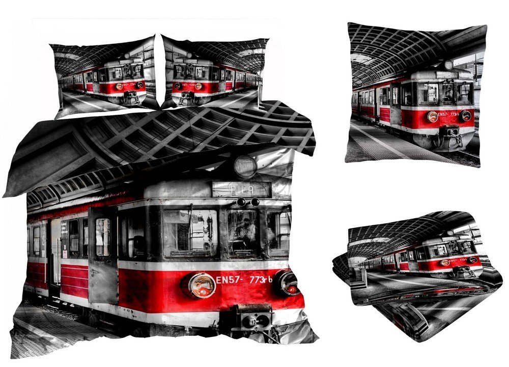 Pościel satyna bawełniana 160x200cm CZERWONY POCIĄG z prześcieradłem 3D
