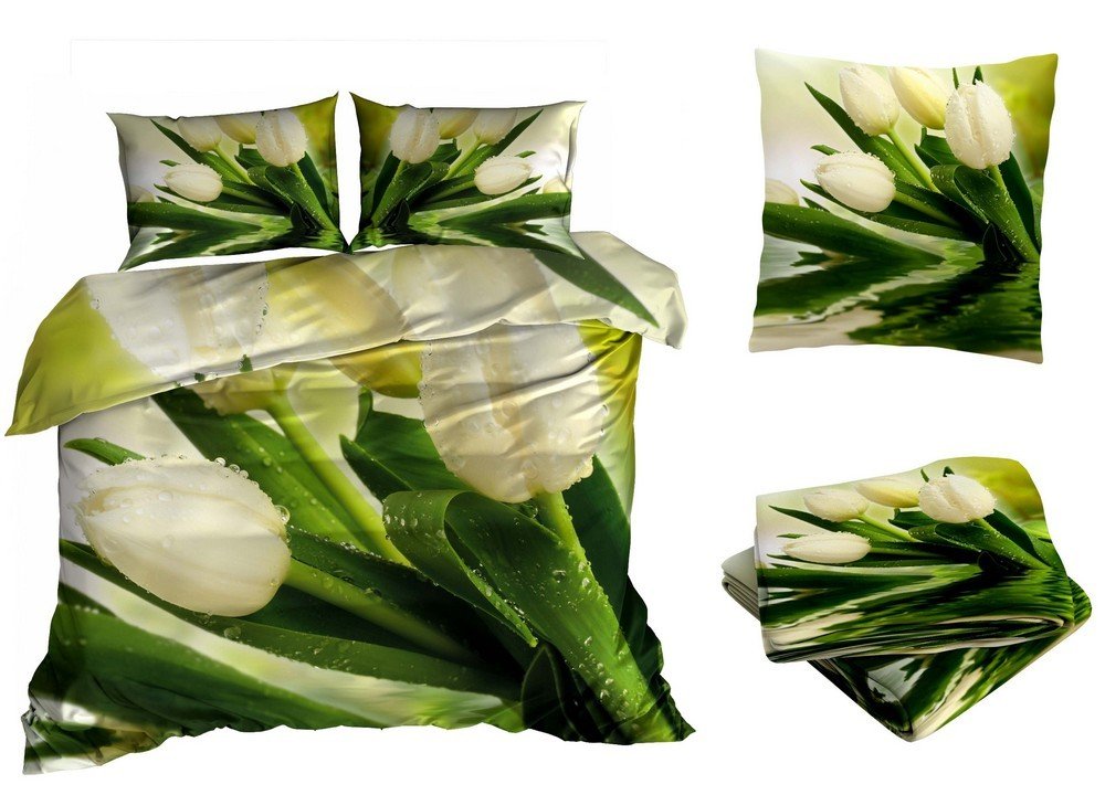 Pościel Satyna Bawełniana 200X220Cm Białe Tulipany Z Prześcieradłem 3D