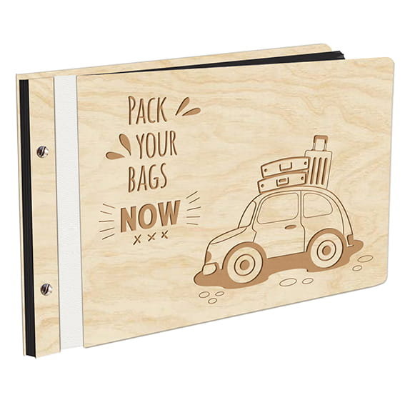 Album Na Zdjęcia W Drewnianej Oprawie Z Czarnymi Kartami Z Grawerem Pack Your Bags Now! Podróż Autem  Album Podróżniczy