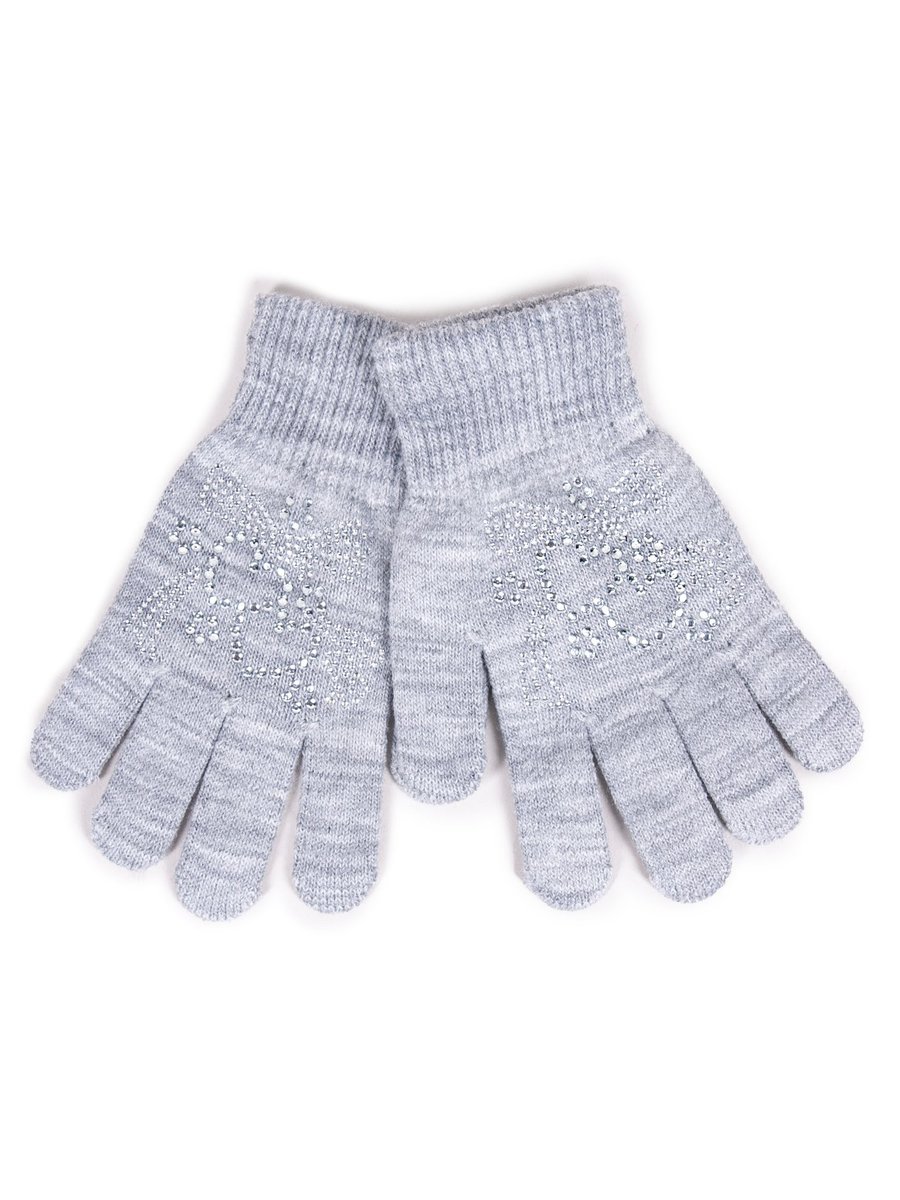 Rękawiczki Dziewczęce Pięciopalczaste Z Jetami Szare Z Sercami 16 Cm