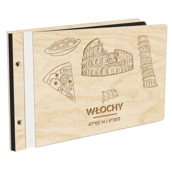 Album Na Zdjęcia Państwa I Miasta Świata Włochy Italy W Drewnianej Oprawie Z Czarnymi Kartami Z Grawerem