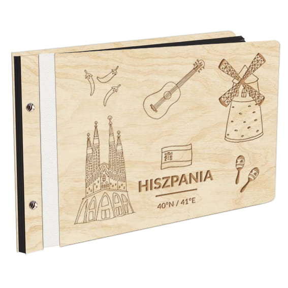 Album Na Zdjęcia Państwa I Miasta Świata Hiszpania Spain W Drewnianej Oprawie Z Czarnymi Kartami Z Grawerem