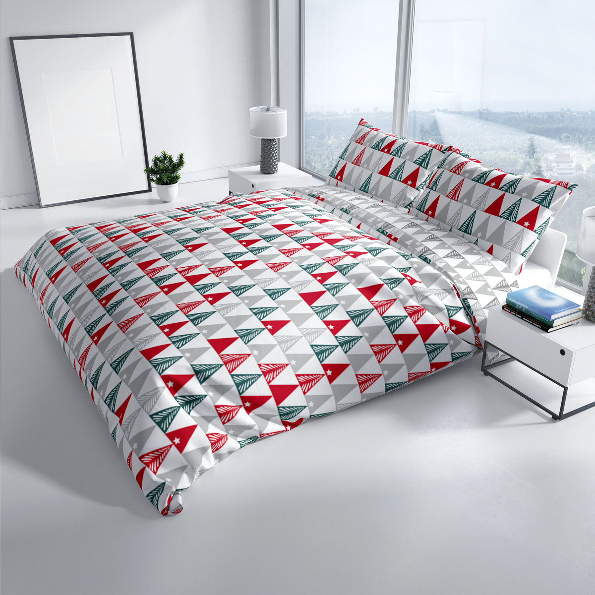 Pościel świąteczna Carbotex, 100% bawełny, 220x200 +2x70x80cm, kolorowe choinki