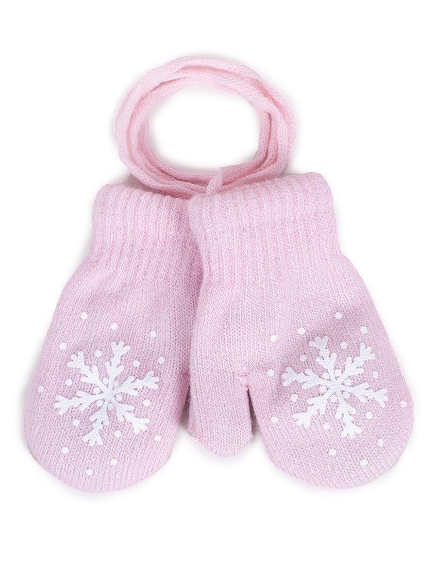 Rękawiczki Dziewczęce Jednopalczaste Ze Sznurkiem Różowe Ze Śnieżynką 10 Cm