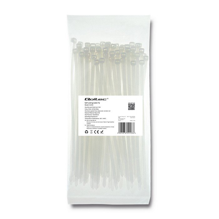 Qoltec Organizer Opaska zaciskowa | 4.8 200 | 100szt | nylon UV | Biała 52203