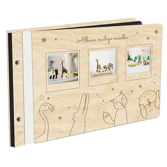 Album Na Zdjęcia Dla Dziecka Zwierzątka Album Małego Aniołka W Drewnianej Oprawie Z Czarnymi Kartami Z Grawerem
