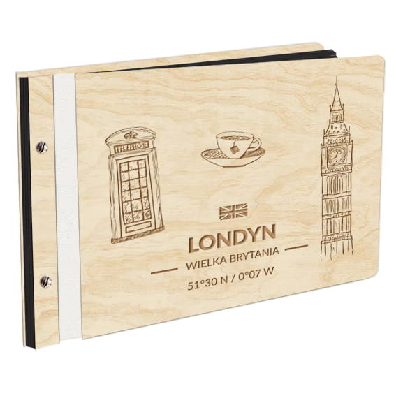 Album Na Zdjęcia Państwa I Miasta Świata Londyn London Wielka Brytania W Drewnianej Oprawie Z Czarnymi Kartami Z Grawerem