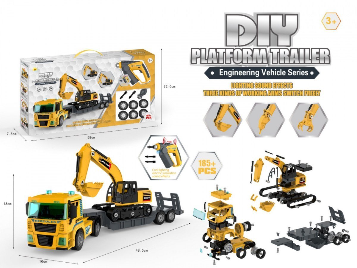 Pojazdy Budowlane Do Skręcania Dla Dzieci 3+ Ciężarówka + Koparka + Wiertarko-Wkrętarka 185 El.