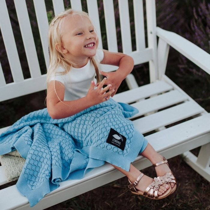 Kocyk bawełniany 80x100 cm Ażur Listek Błękit Lemonii