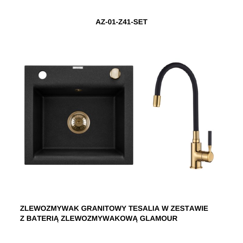 INVENA ZLEWOZMYWAK GRANITOWY 1K TESALIA SYFON ZŁOTY W ZES ZE ZŁOTĄ BZ GLAMOUR