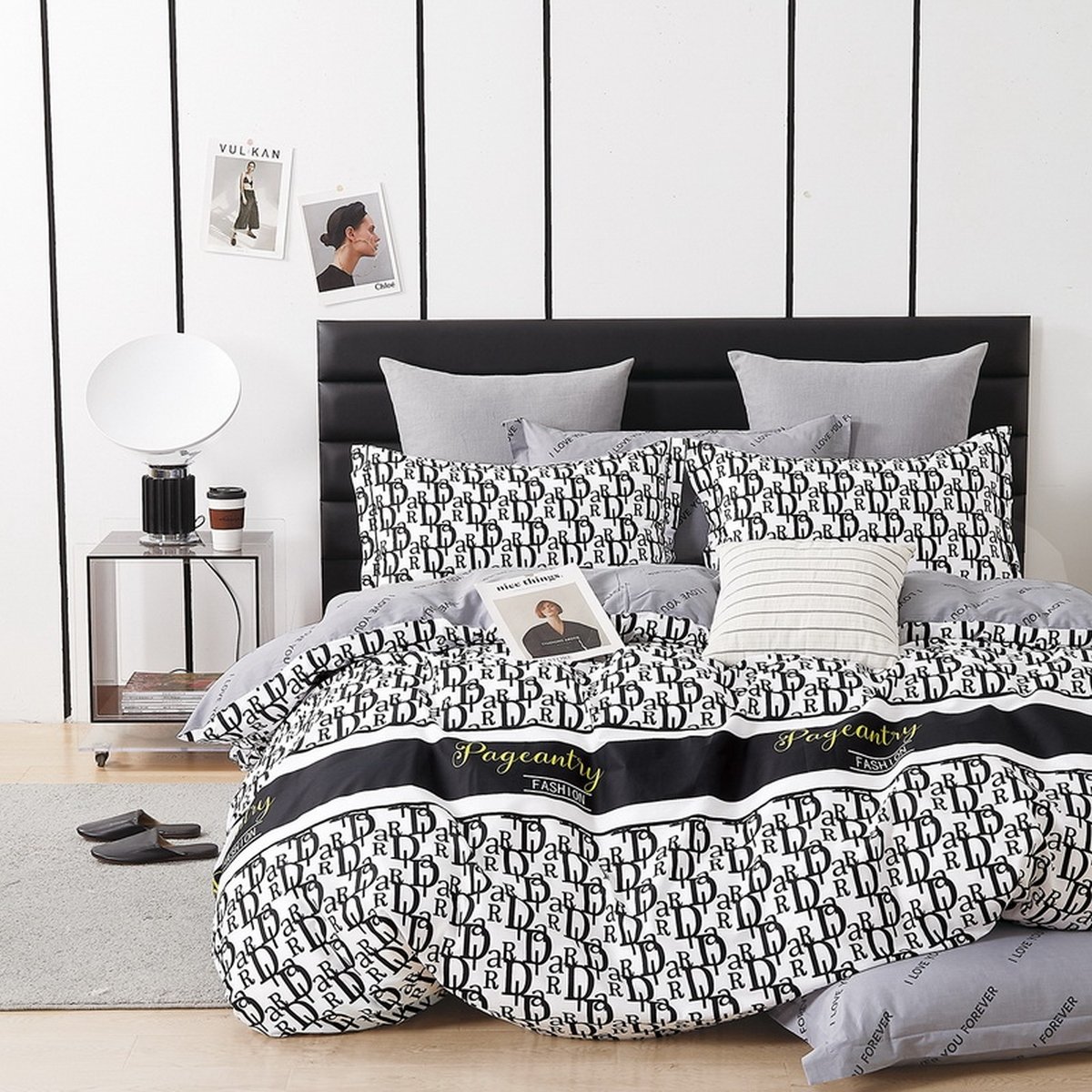 Pościel z satyny bawełnianej, 140x200, biała w litery, PBC-1004, 2-częściowa