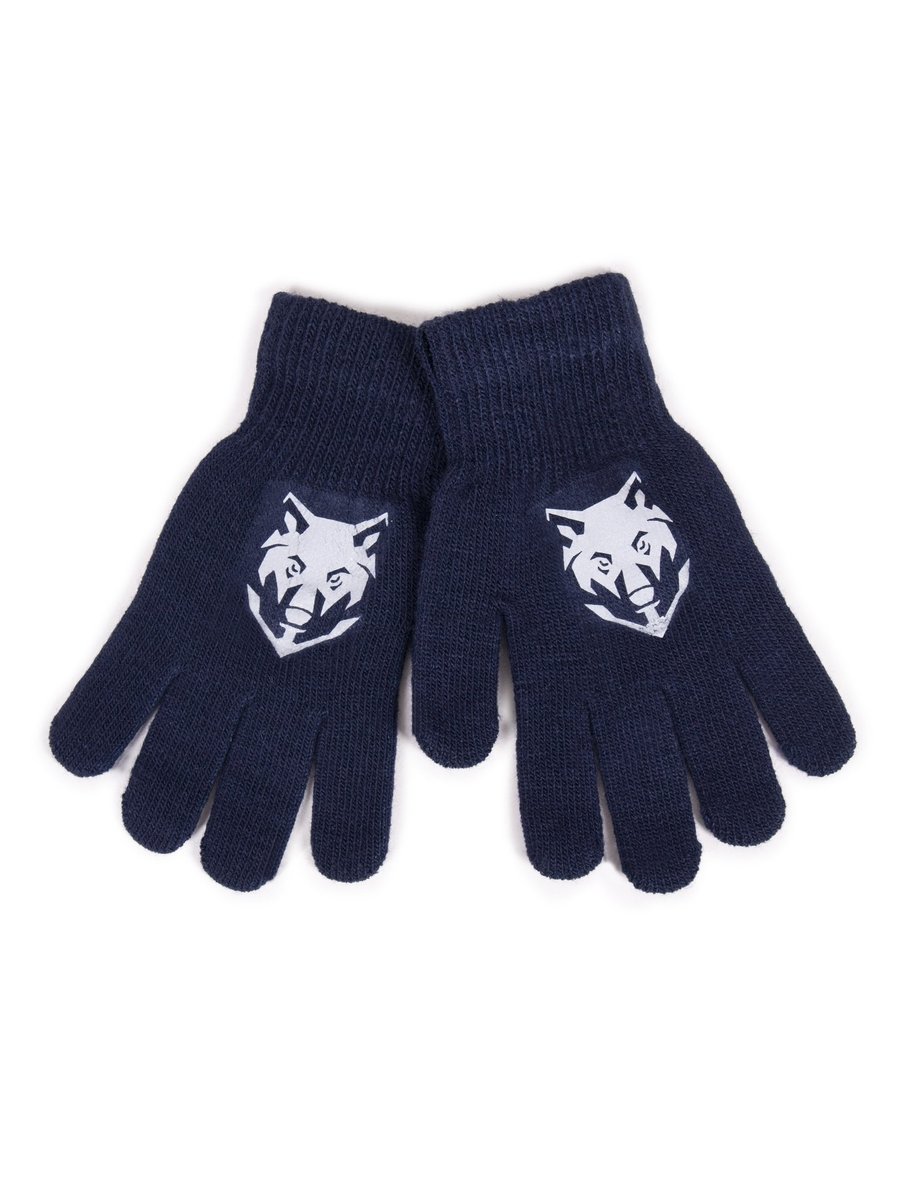 Rękawiczki Chłopięce Pięciopalczaste Z Odblaskiem Granatowe Z Wilkiem 14 Cm
