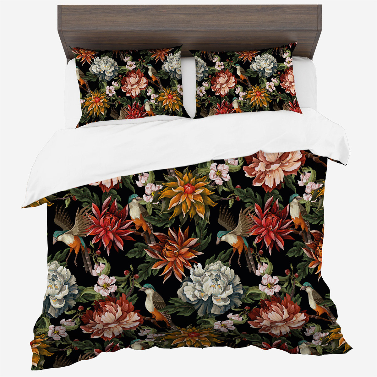 Pościel z bawełny syntetycznej, 140x200, czarna w kwiaty, PMCA-92, 2-częściowa