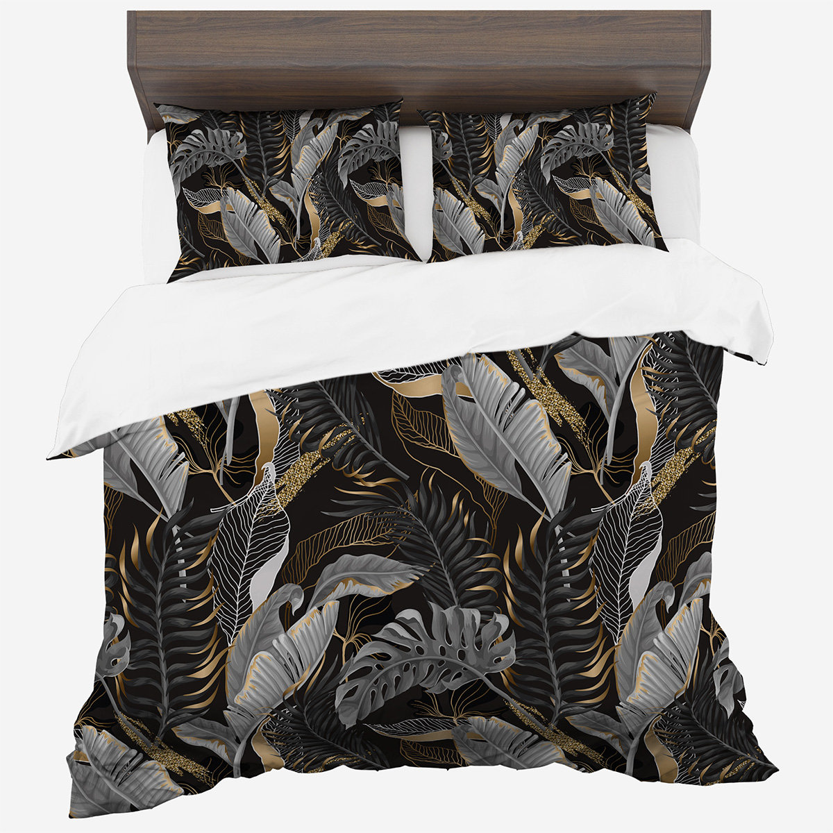 Pościel z bawełny syntetycznej, 140x200, szara w liście, PMCA-95, 2-częściowa