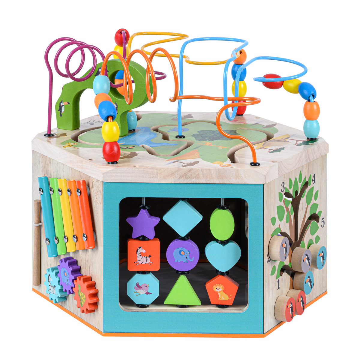 Teamson Kids Przedszkole 7 w 1 Duża Drewniana Kostka Edukacyjna z liczydłem i ksylofonem PS-T0005