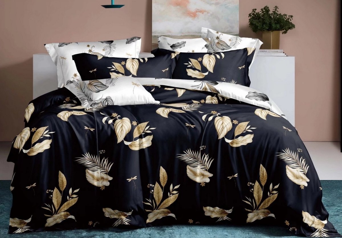 Pościel z Bawełny Syntetycznej, 160x200, Czarna W Liście, Pme-632, 3-Częściowa