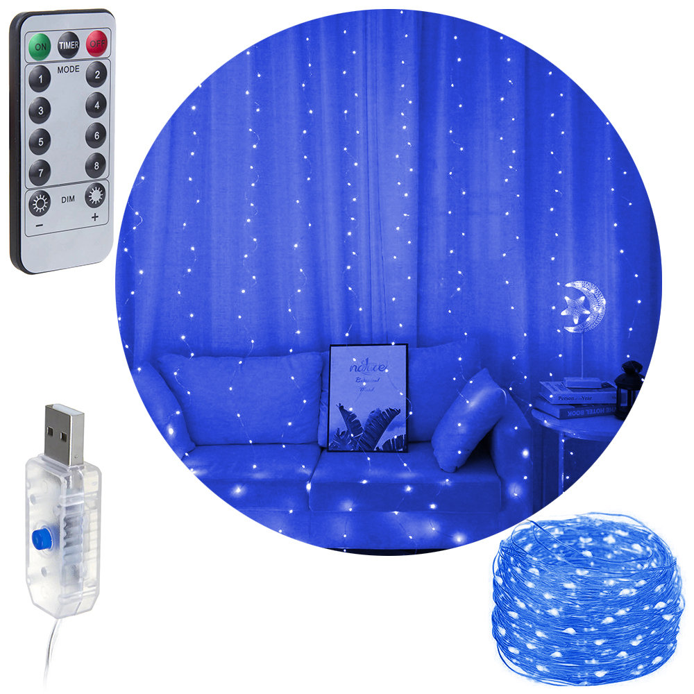Kurtyna Świetlna 3x2,5M Sople 300Led Girlanda Lampki Niebieska + Pilot Usb
