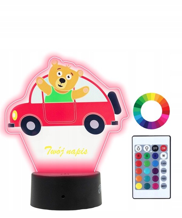 Lampka Nocna z Nadrukiem 3D Led Samochód Miś Imię