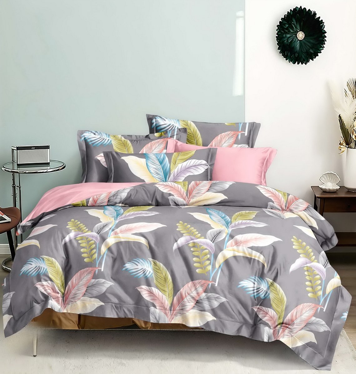Pościel Z Bawełny Syntetycznej, 160X200, Szara W Liście, Pme-652, 3-Częściowa