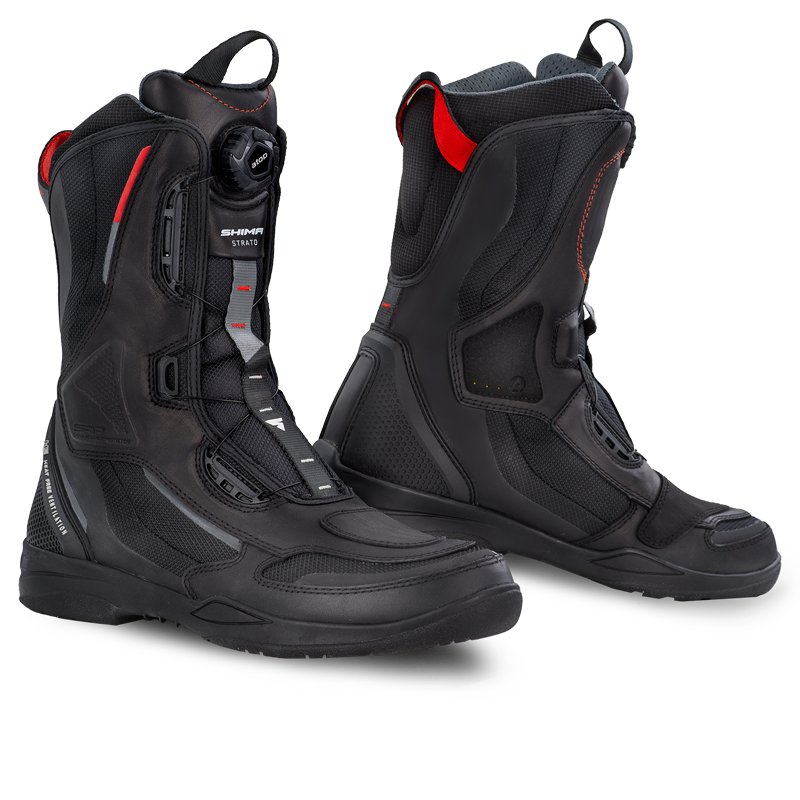 SHIMA STRATO męskie buty motocyklowe - wzmocnione, długie, turystyczne buty motocyklowe z zapięciem ATOP, ochraniaczami kostki, antypoślizgową podeszwą i panelami odblaskowymi (Czarne, 41)