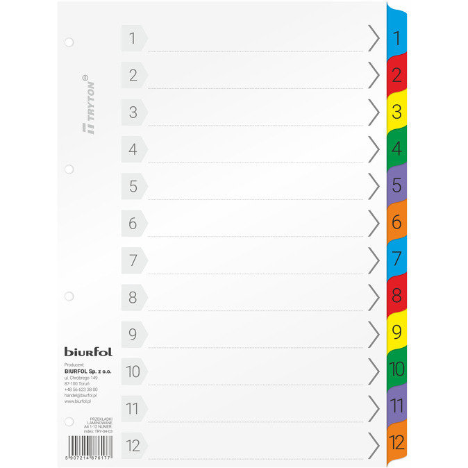 BIURFOL Przekładki kartonowe A4 1-12 numeryczne Biurfol