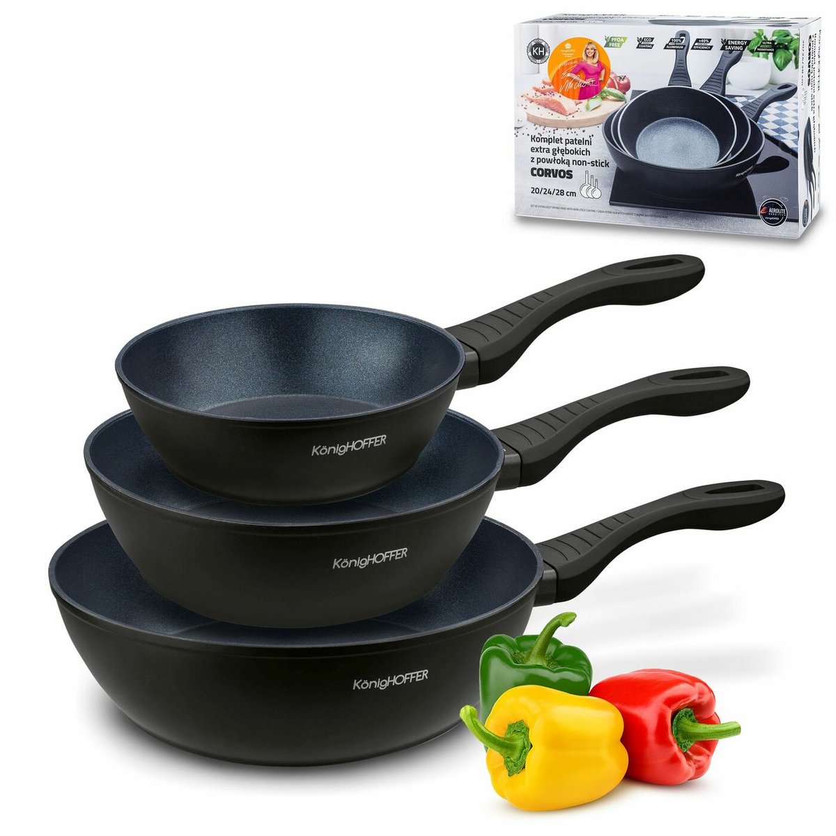 Zestaw 3 patelni głębokich na indukcję Konighoffer Corvos 20 cm 24 cm 28 cm poleca EWA WACHOWICZ