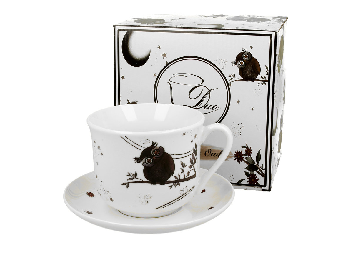 Filiżanka do kawy i herbaty porcelanowa ze spodkiem DUO CHARMING OWLS 450 ml