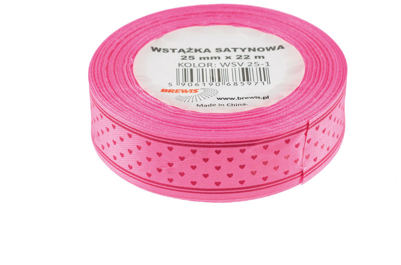 BREWIS Wstążka satynowa 25mmx22m serca ciemnoróżowe Brewis 1