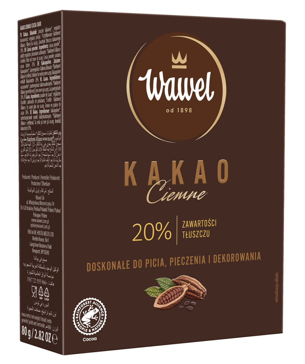 Kakao Ciemne o zawartości tłuszczu 20% Wawel 80g