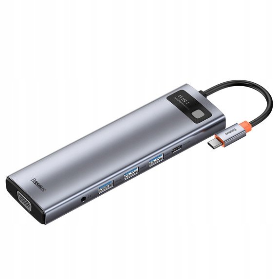 Baseus Metal Gleam 11w1 wielofunkcyjny HUB USB Typ C - 3x USB 3.2 Gen 1 5Gbps / USB Typ C PD 100W / 3,5 mm mini jack AUX / VGA Full HD 60Hz / 2x HDMI 4K 30Hz / czytnik kart TF i SD / RJ45 1Gbps szary CAHUB-CT0G