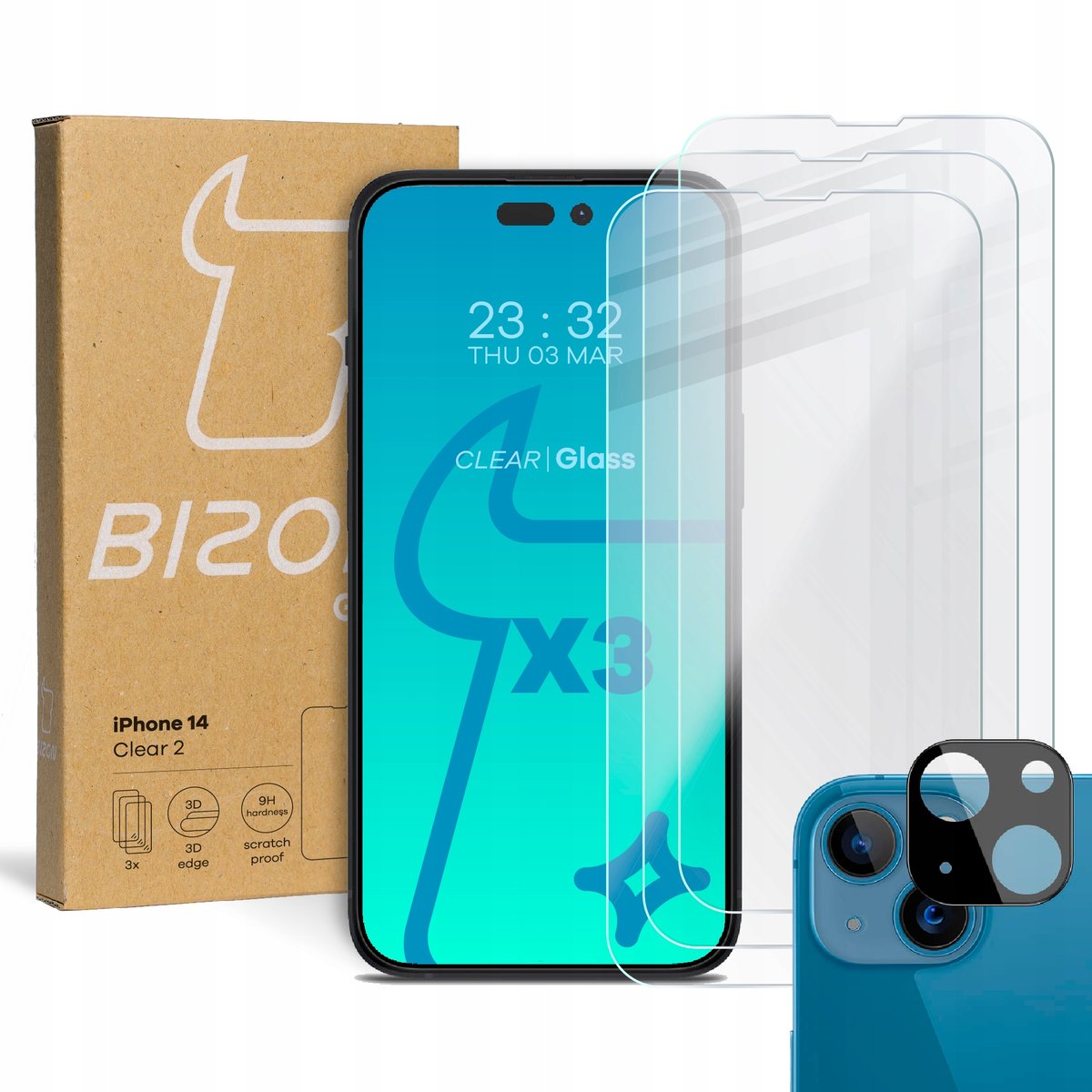 3X Szkło + 1X Szybka Na Aparat Bizon Do Iphone 14