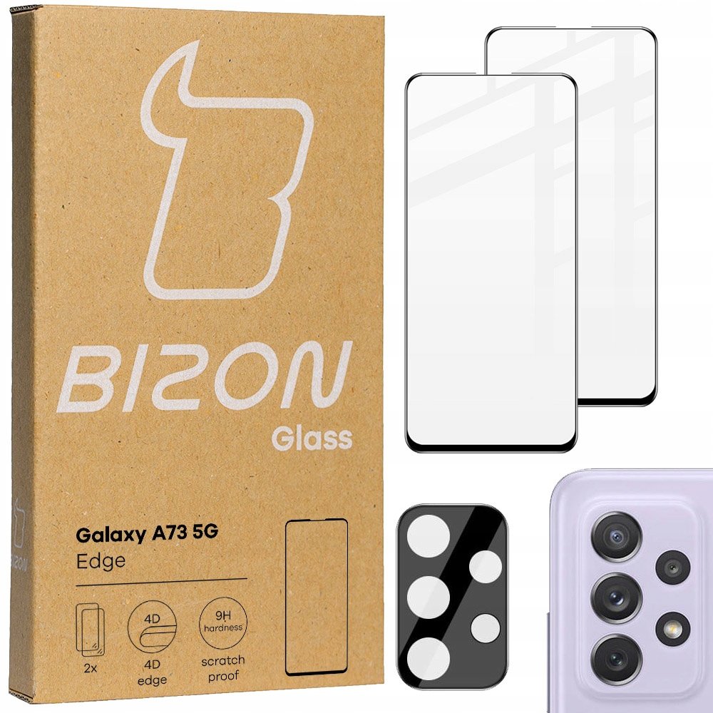 Bizon Szkło hartowane Glass Edge - 2 sztuki + ochrona na obiektyw, Galaxy A73, czarne BGEGALA735G