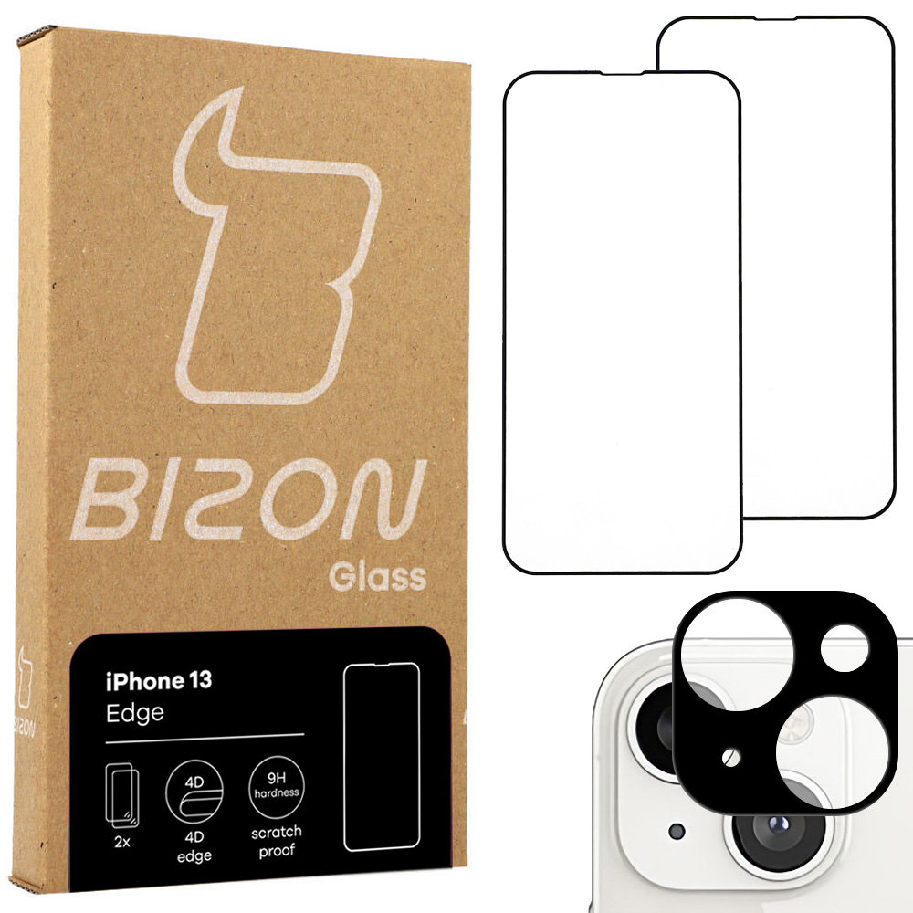 Bizon Szkło hartowane Glass Edge - 2 sztuki + ochrona na obiektyw, iPhone 13, czarne