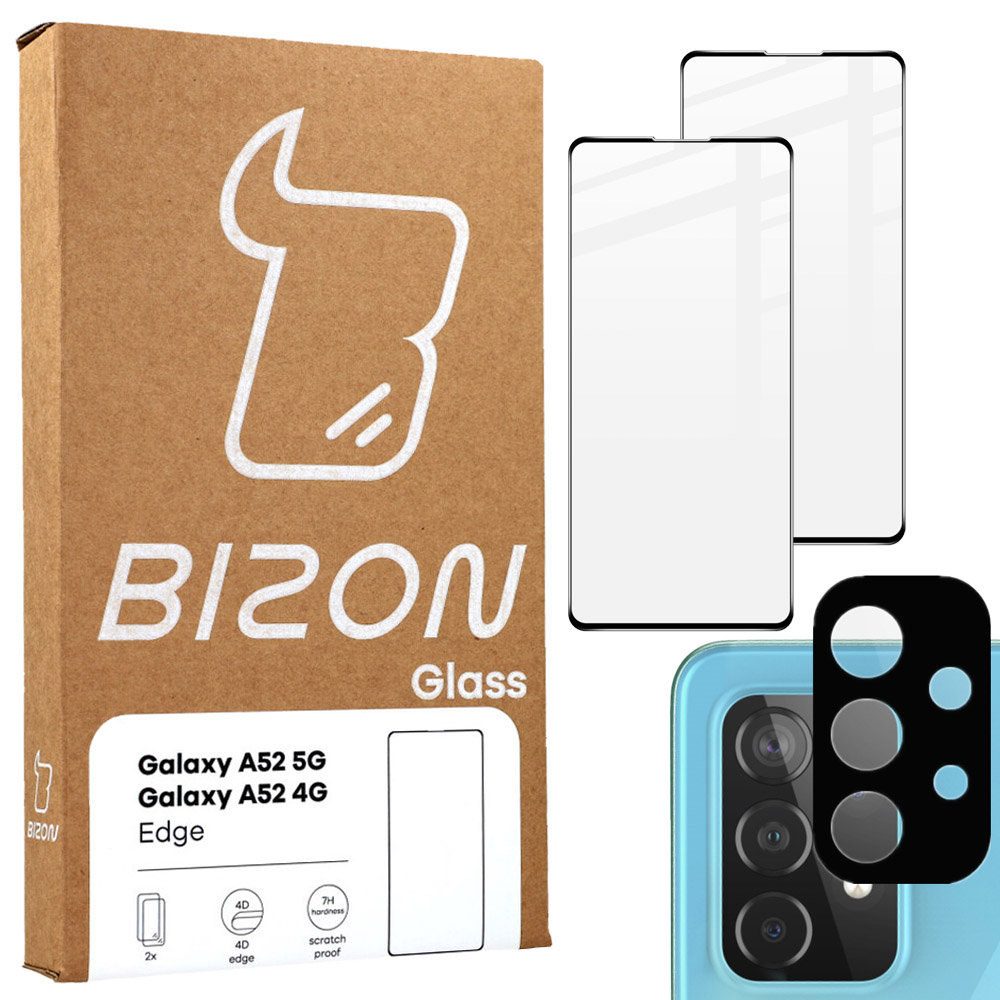 Bizon Szkło hartowane Bizon Glass Edge - 2 sztuki + ochrona na obiektyw, Galaxy A52 / 5G, czarne 5903896180571