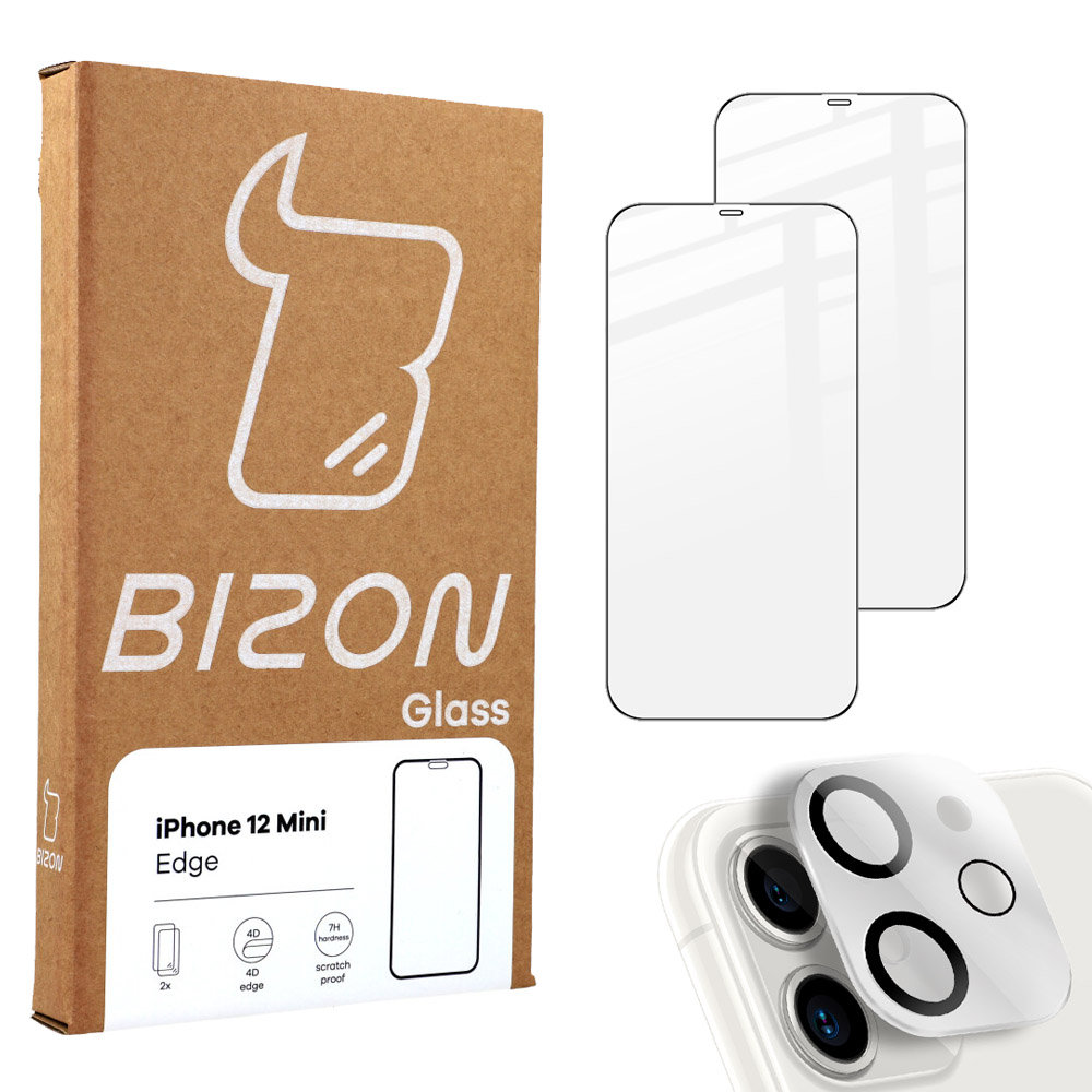 Bizon Szkło hartowane Bizon Glass Edge CF - 2 sztuki + ochrona na obiektyw, iPhone 12 Mini, czarne 5903896180335