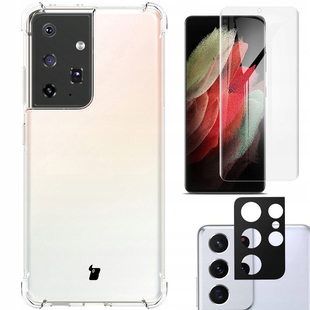 Bizon Etui + 2x folia + obiektyw Case Clear Galaxy S21 Ultra przezroczyste BCCGALS21UCL