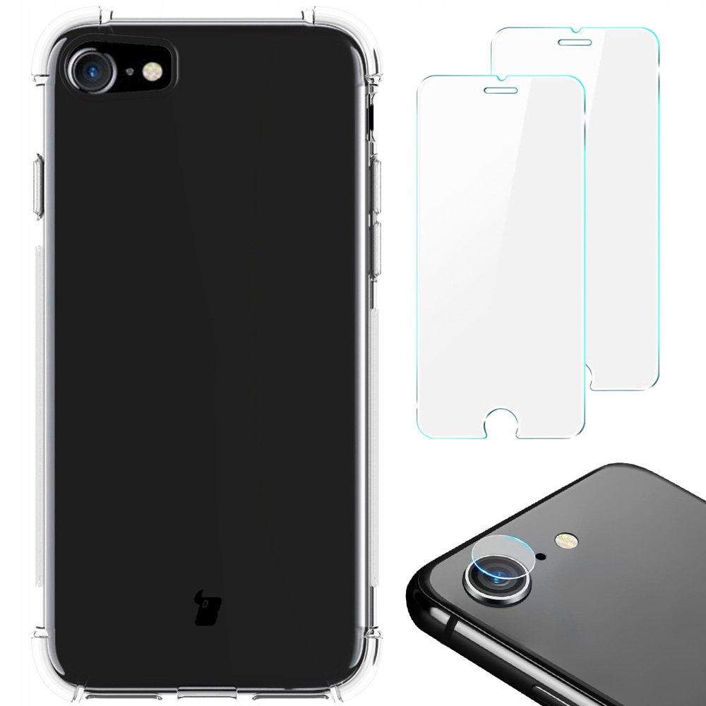 Bizon Etui + 2x szkło + obiektyw Case Clear iPhone SE 2022/2020 8/7 przezroczyste BCCIPSE87CL