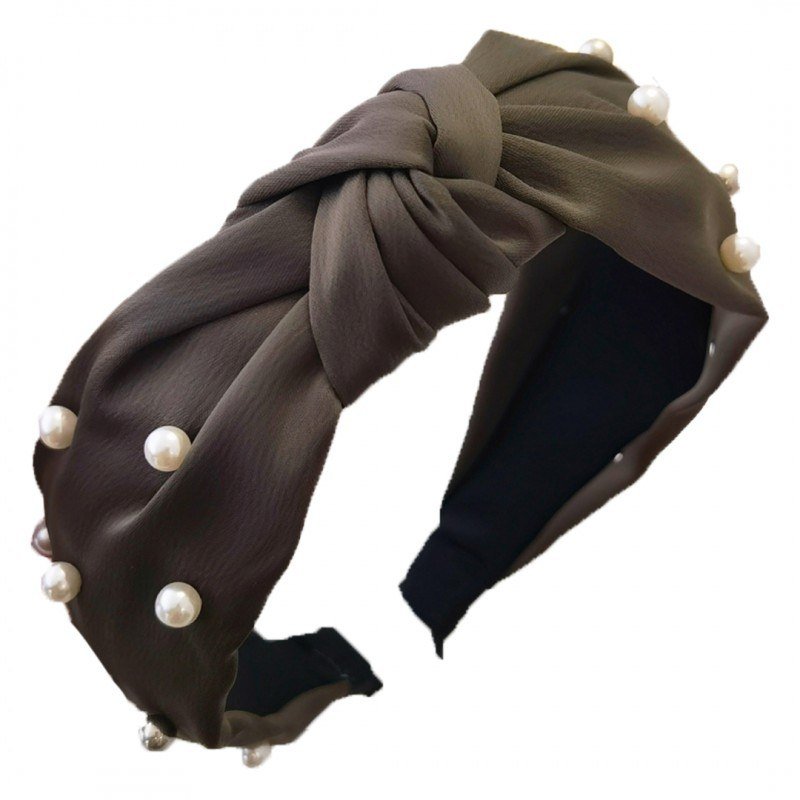 Opaska, turban z materiału, gruba, perełki, khaki O227BR