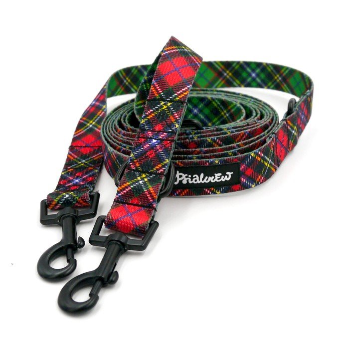 Smycz Dla Psa Przepinana W Szkocką Kratę Tartan Psiakrew, Szerokość 2,5 Cm, Karabińczyk 6Cm Czarny-220 Cm