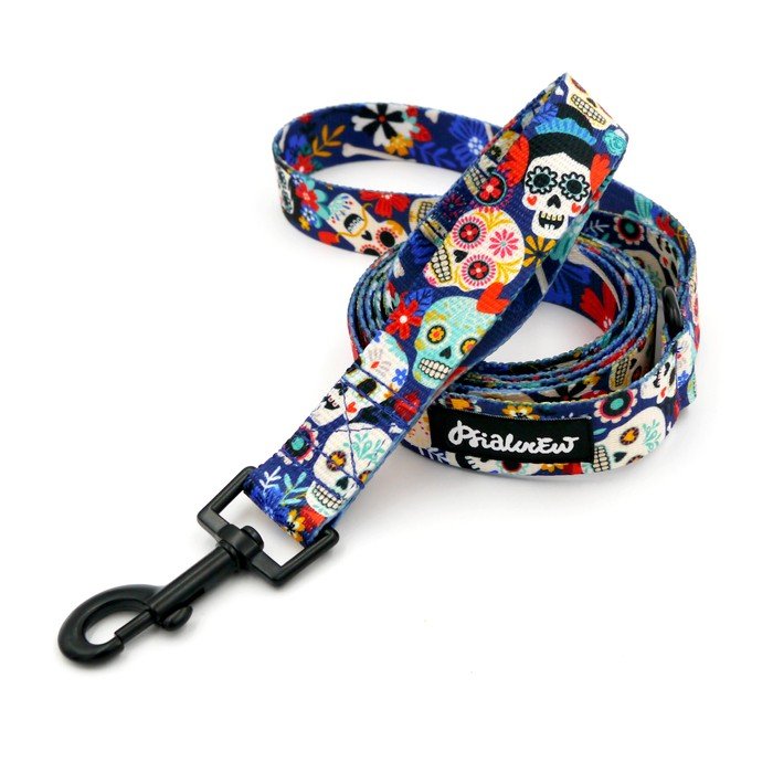 Smycz Spacerowa Miejska Dla Psa Dia De Los Muertos, Szerokość 2,5 Cm, Czarny Karabińczyk  6Cm-160 Cm
