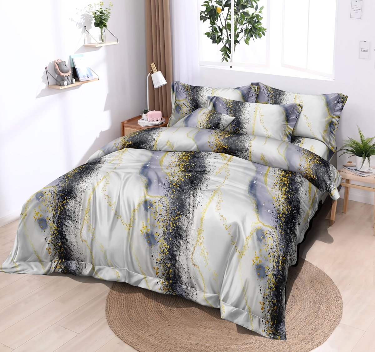 Pościel Z Bawełny Syntetycznej, 160X200, Szara Geometryczna, Peb-826, 3-Częściowa