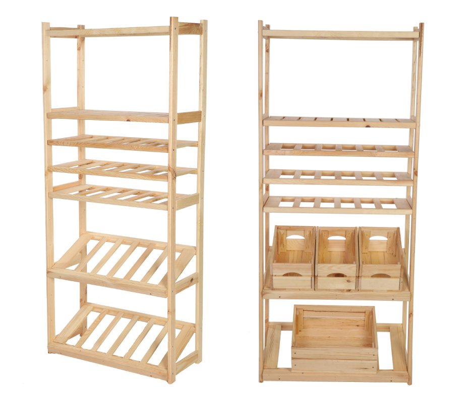 Regał Drewniany Do Spiżarni Lsr P2W3S2 Naturalny, Półki Proste 2 Szt, Półki Na Wino 3 Szt, Półki Na Skrzynki 2 Szt Drewno Sosnowe / Wamar-Sosenka