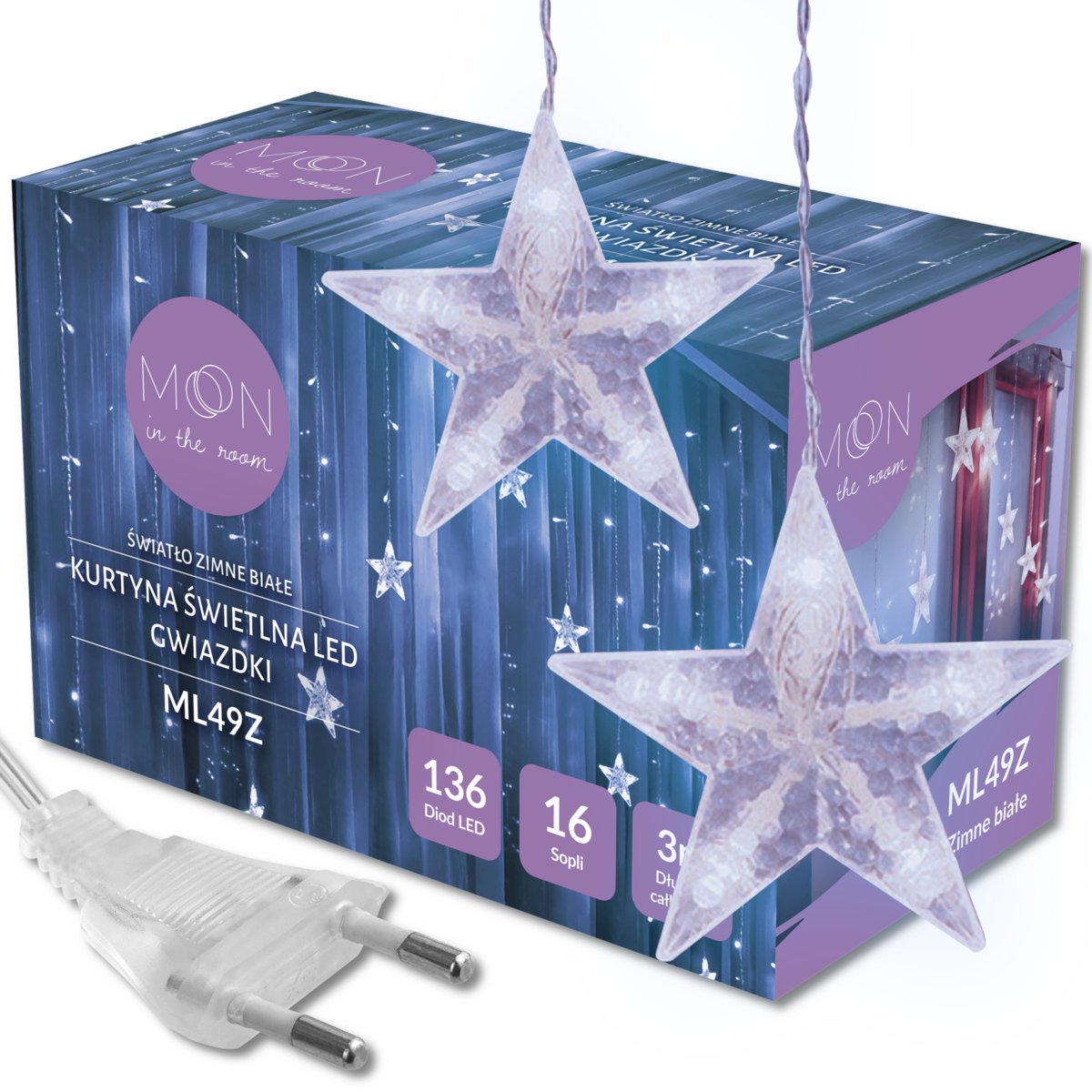 Łańcuch Świetlny Girlanda Led 3M Gwiazdki 16 X LED LAMPKI CHOINKOWE ZIMNE BIAŁE