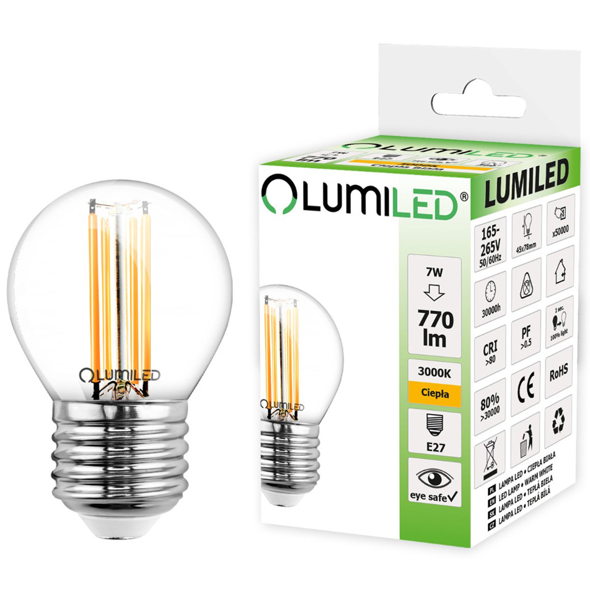 Żarówka Led E27 P45 Filament 7W = 60W 770Lm 3000K Ciepła 360° Lumiled