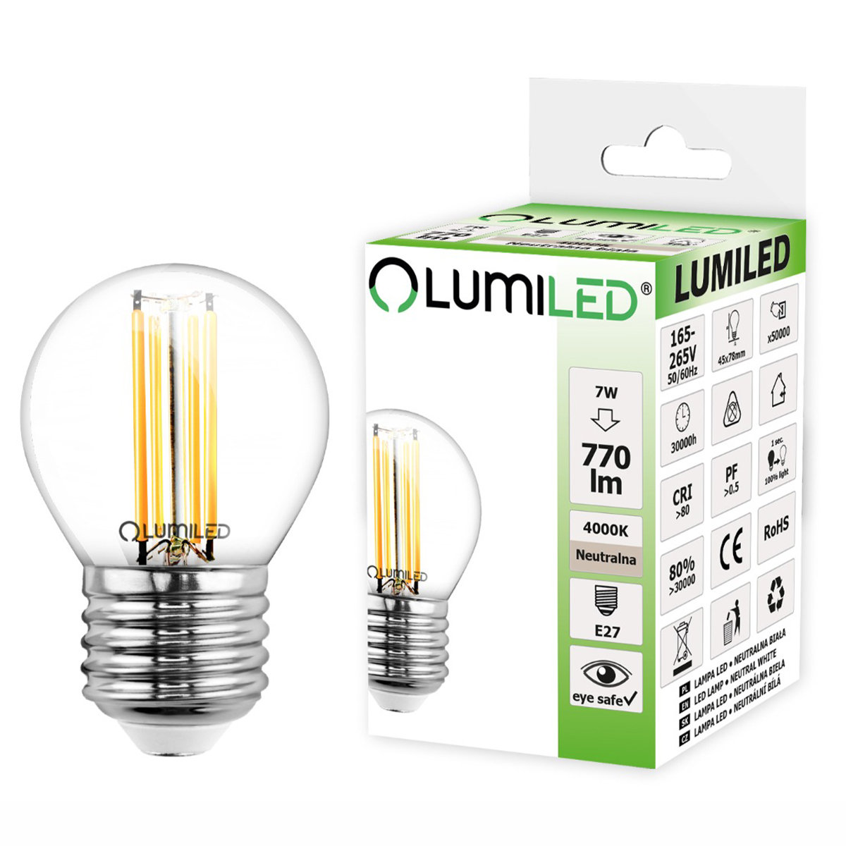 Żarówka Led E27 P45 Filament 7W = 60W 770Lm 4000K Neutralna 360° Lumiled