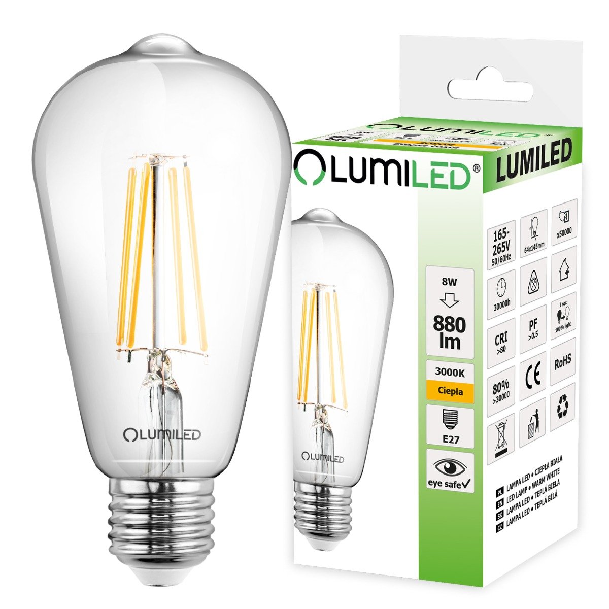 Żarówka Led E27 St64 8W = 65W 880Lm 3000K Ciepła 360° Filament Lumiled